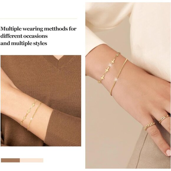 Gold-Style 14 Dainty Stack Cuban Cross, Rope Bracelets Jewelry Gifts for Women - Picture 8 of 8